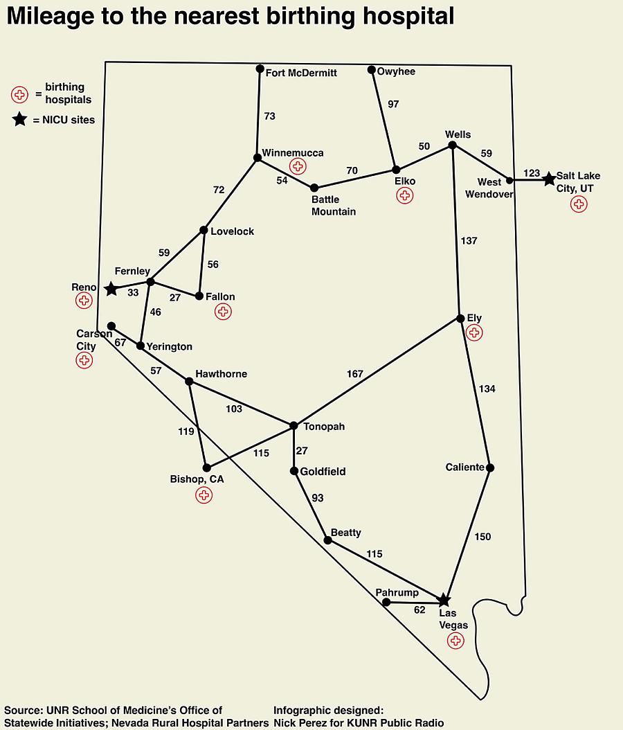 Image of a Nevada Map showing average mileage to the nearest birthing hospital