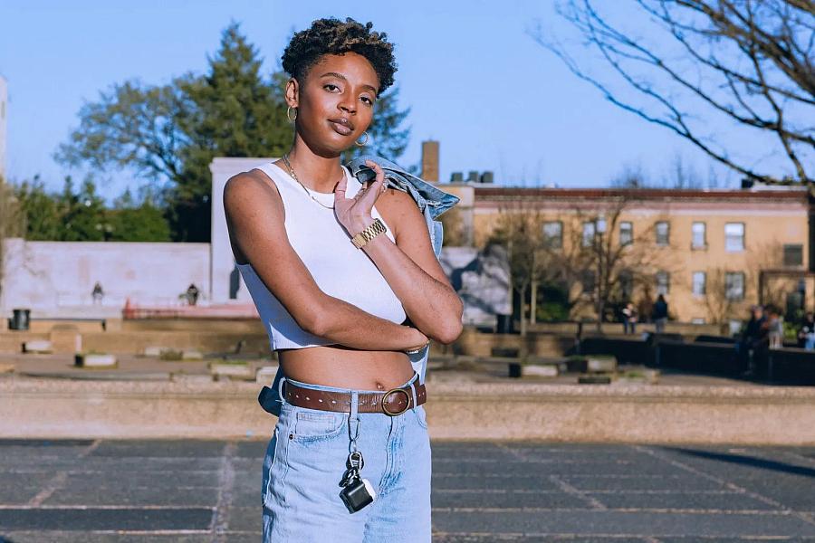 Shamari White, 26, poses for portraits at Meridian Hill/Malcolm X park in Washington, D.C., on March 5, 2023. (Maen Hammad/Word In Black)