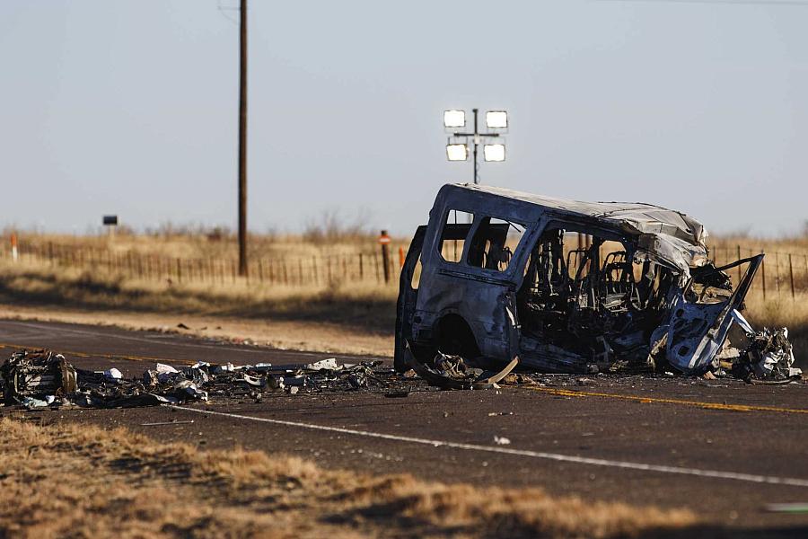 The twisted remains of a van that had been transporting members of the University of the Southwest’s golf teams through West Texas in March 2022. Nine people were killed when the van collided with a pickup truck that crossed the center line into oncoming traffic. The twisted remains of a van that had been transporting members of the University of the Southwest’s golf teams through West Tex
