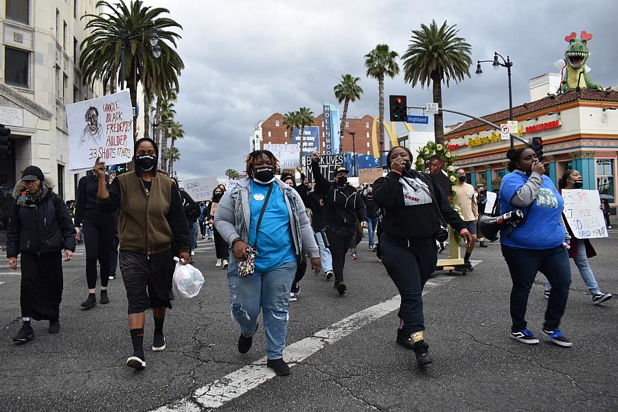 People gather in Hollywood to protest the shooting of Frederick Holder by deputies with the Los Angeles County Sheriff’s Departm