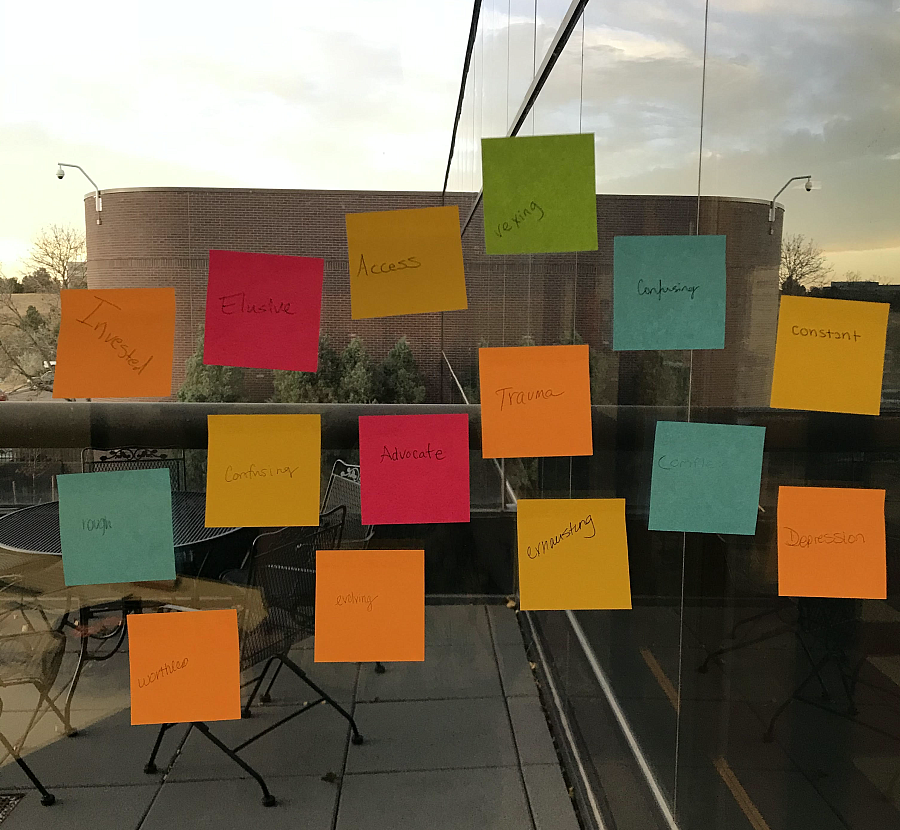  We asked meeting attendees to describe their experience with mental health in one word and put it on the Post-it note. Above, n