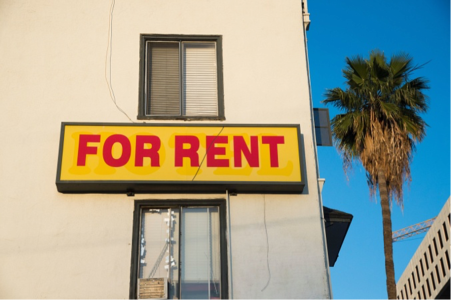  A “For Rent” sign is seen on a building Hollywood, California.