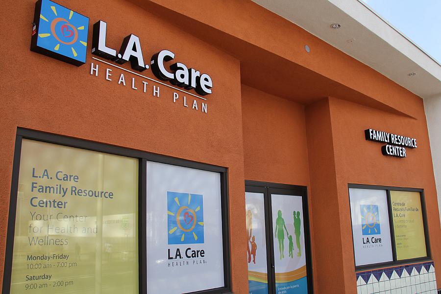 a building with an L.A. Care sign on its face.