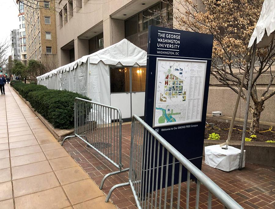 George Washington Department of Emergency Medicine in Washington, D.C. created a series of measures to address COVID-19, including an exterior testing tent and video conferencing inside the emergency department to reduce provider exposures and save personal protective equipment. (Credit: George Washington University Hospital)
