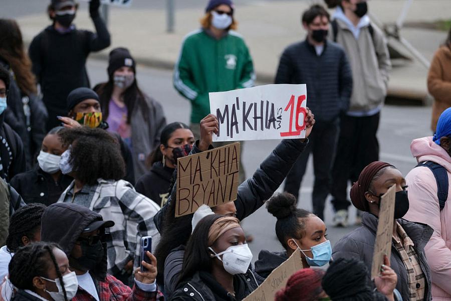 Students and demonstrators march to protest the killing of MaKhia Bryant, 16, by the Columbus Police Department