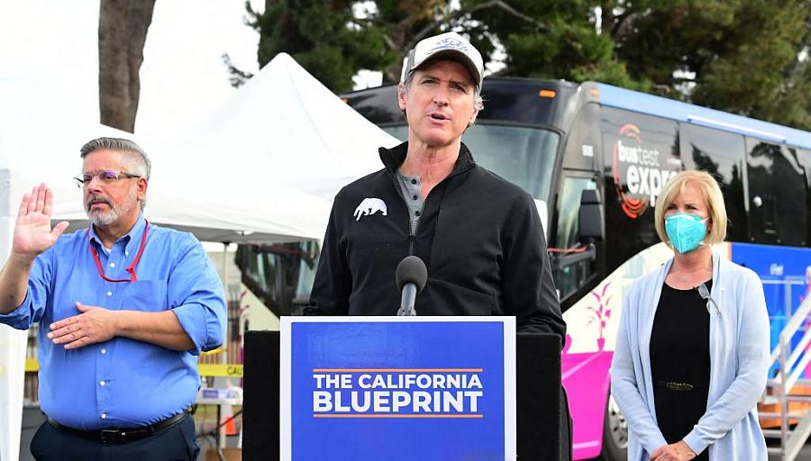 California Gov. Gavin Newsom briefs the media on his proposed budget in mid-January. 