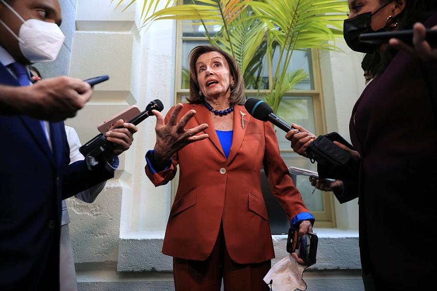 House Speaker Nancy Pelosi talks to reporters at the Capitol on Tuesday. (Photo by Chip Somodevilla/Getty Images)