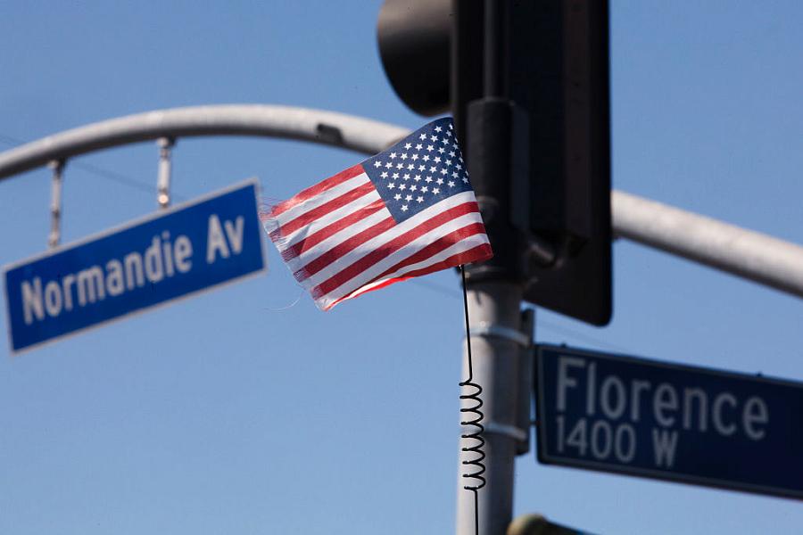 The intersection of Florence and Normandie in Los Angeles, a flashpoint for the 1992 riots sparked by the police acquittals in t