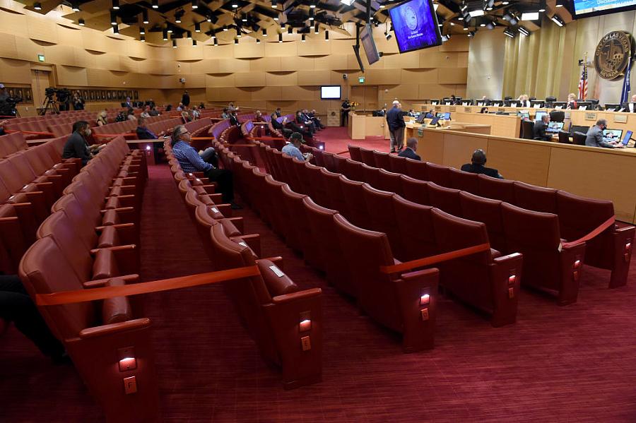 A city council meeting in Las Vegas, where every other row of seats was blocked off for social distancing.