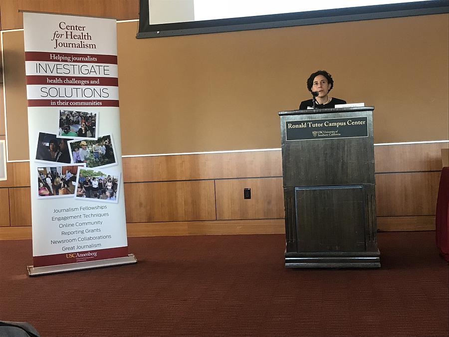 Natalie Slopen, an epidemiologist at the University of Maryland in College Park, talks to journalists at the 2018 National Fello