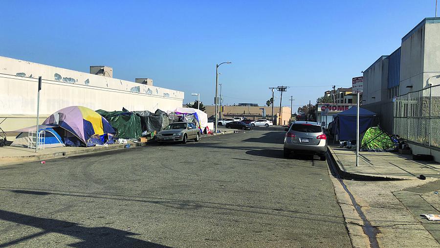 A homeless encampment on Western Avenue in Los Angeles.