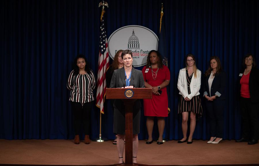 Pennsylvania Human Services Secretary Teresa Miller speaks at a press conference highlighting Keystone Education Yields Success, a program that assists students who receive welfare benefits pursue degrees or credentials at community colleges to obtain employment. Pennsylvania Human Services Secretary Teresa Miller speaks at a press conference highlighting Keystone Education Yields Success,