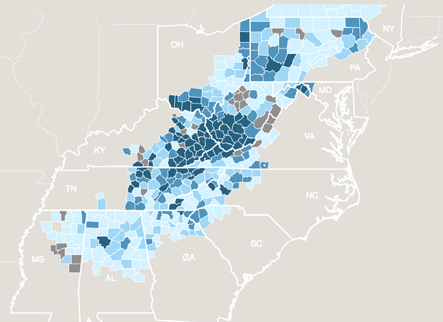 A density map of drug overdose deaths in Appalachia. (NORC/University of Chicago)