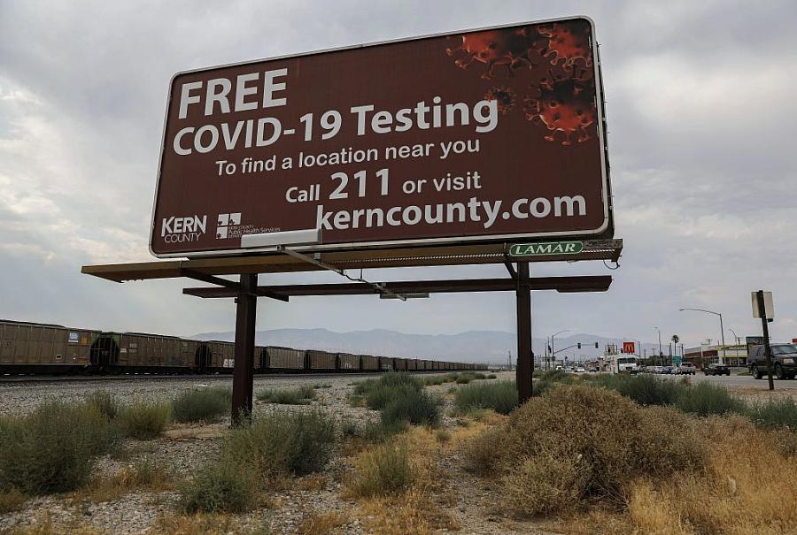 A billboard displays COVID-19 testing information in in Kern County, which has had one of the highest COVID-19 infection rates b