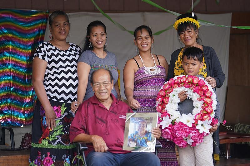 Rodrigo and Mary Mauricio had 12 children and a wealth of grandchildren and great-grandchildren. Here he is seen with (back row left to right) Meriuter Mauricio, Brigid Mauricio Fenderson, Maysleen Mauricio and Meulynn Mauricio Kapiriel. Diondra Kirielmo stands next to Rodrigo.