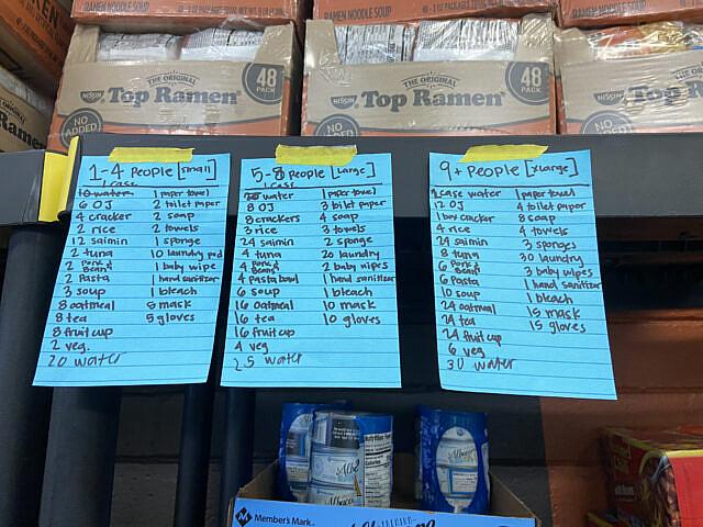 A list of food that will be delivered to families in Kalihi. At Hooulu Aina, a conference room has been transformed into a storage room for food to feed sick families in the pandemic.