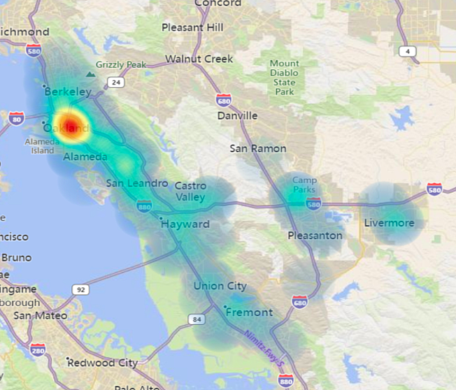 Opioid overdose “heat map” supplied to KPFA and Street Spirit by Alameda County illustrates ZIP codes where emergency services are most often called for opioid overdoses.