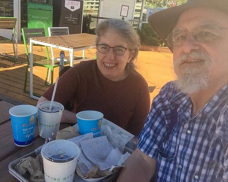 Ingrid and Ken celebrated their first outing after being vaccinated by visiting Shake Shack for burgers and fries. Credit: Ken Stein