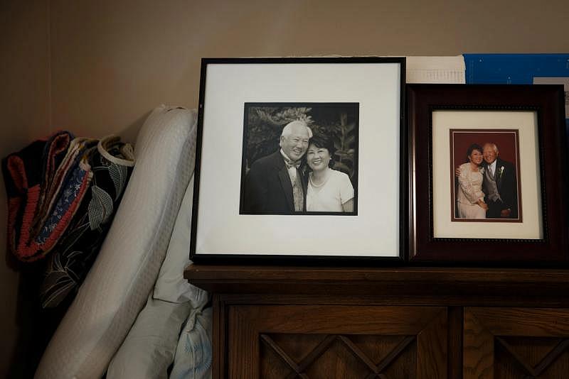 Framed pictures of the Mekatas, taken years before Ruth was diagnosed with dementia, sit in their bedroom in July 2021. (Dai Sugano/Bay Area News Group) 