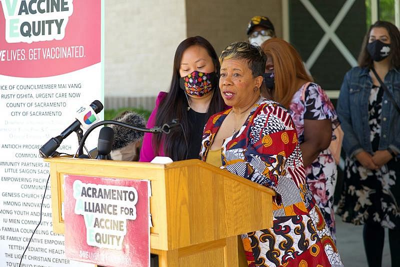 City Councilmember Mai Vang, left, and a coalition of other community-based organizations, like the Sacramento NAACP, led by Betty Williams, right, in bringing the vaccine to vulnerable residents in South Sacramento. Vang, who represents District 8, says the group will continue to work for language equity, vaccine access and much-needed community investment. (Credit: Special to OBSERVER)