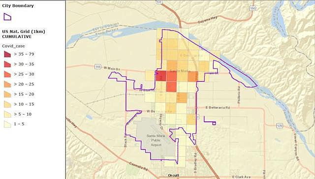This map shared with the Santa Maria City Council in July 2020 outlines which square-mile areas in the city had the highest concentration of COVID-19 cases. The majority of cases were identified north of Betteravia and west of Broadway, with lower incidents of cases found south of Betteravia. (Source: Santa Barbara County Public Health Department) This map shared with the Santa Maria City Council in July 2020 outlines which square-mile areas in the city had the highest concentration of COVID-19 cases. The majority of cases were identified north of Betteravia and west of Broadway, with lower incidents of cases found south of Betteravia. (Source: Santa Barbara County Public Health Department)