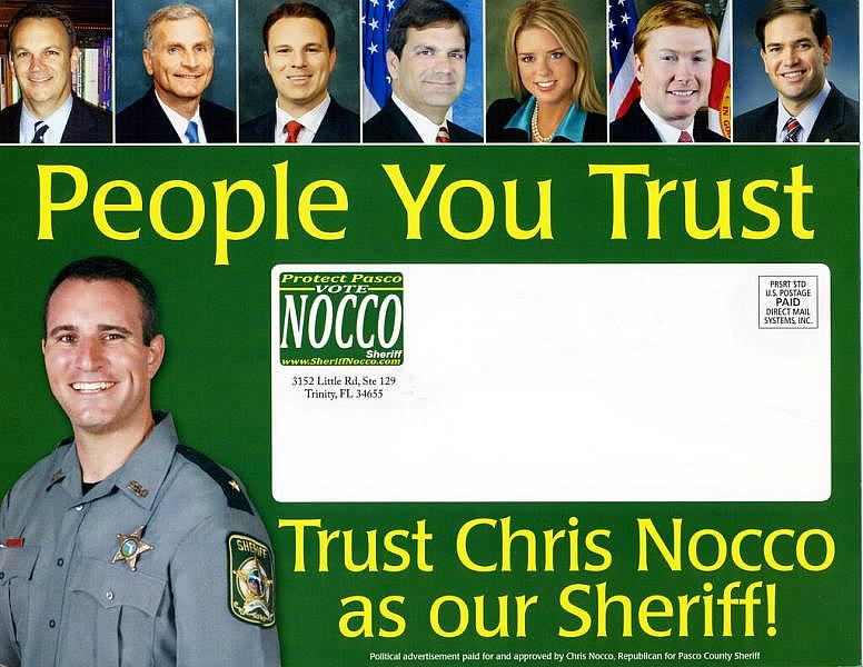 In Sheriff Chris Nocco’s first election in 2012, many of Florida’s most prominent politicians endorsed him.Times (2012) In Sheriff Chris Nocco’s first election in 2012, many of Florida’s most prominent politicians endorsed him.Times (2012)