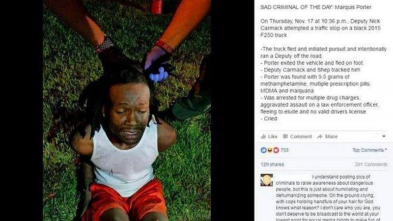 In one social media post in 2016, the Sheriff’s Office posted a photo of a man crying while he was arrested. Critics said the agency was publicly mocking people before they had been convicted. Facebook In one social media post in 2016, the Sheriff’s Office posted a photo of a man crying while he was arrested. Critics said the agency was publicly mocking people before they had been convicted. Facebook