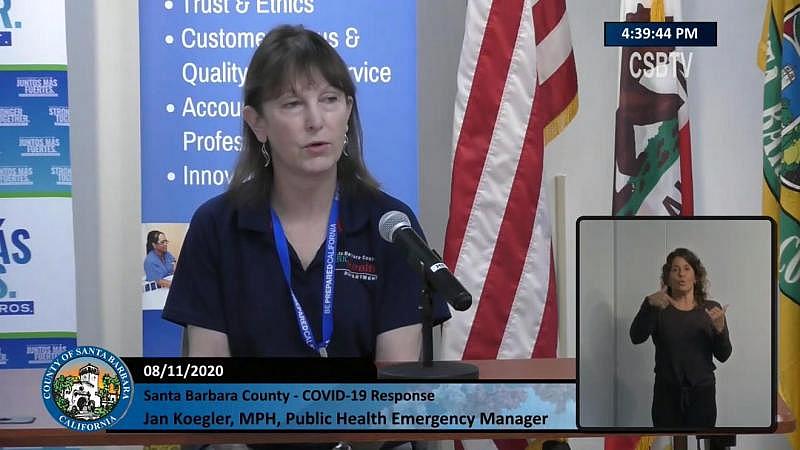 Jan Koegler, a Santa Barbara County disaster preparedness manager, speaks during a COVID-19 briefing on Aug. 11, 2020. (Screenshot via Santa Barbara County)