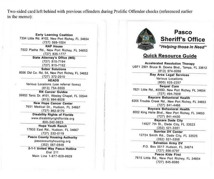 A copy of the notecard the Pasco sheriff’s office hands out with local resources. Pasco Sheriff’s Office