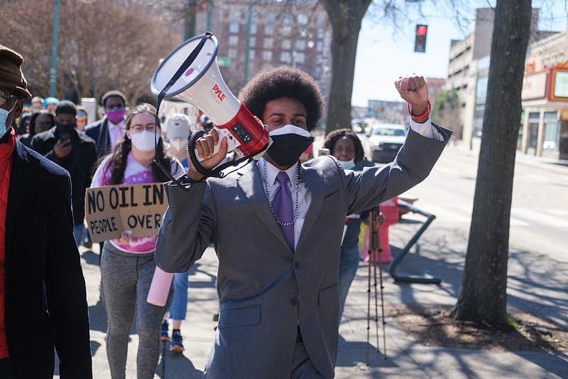 Justin Pearson leads chants during a march against the construction of the Byhalia Connection Pipeline, Tuesday, Feb. 23, 2021, in Memphis, TN. Brandon Dahlberg/For CommercialAppeal.com Justin Pearson leads chants during a march against the construction of the Byhalia Connection Pipeline, Tuesday, Feb. 23, 2021, in Memphis, TN. Brandon Dahlberg/For CommercialAppeal.com