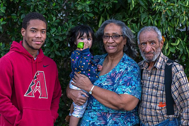 Victoria Gray and her family. From left to right: Alexander Nicholes, her grandson; Mila Gonzalez-Nicholes, her great-granddaughter; Victoria Gray; Gentry Gray, her husband. (Credit: Ash Ponders)