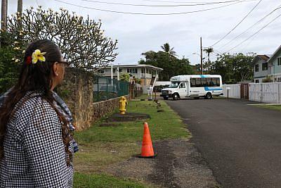 Elizabeth Kaleo waits for her ride to dialysis in Kaneohe. 