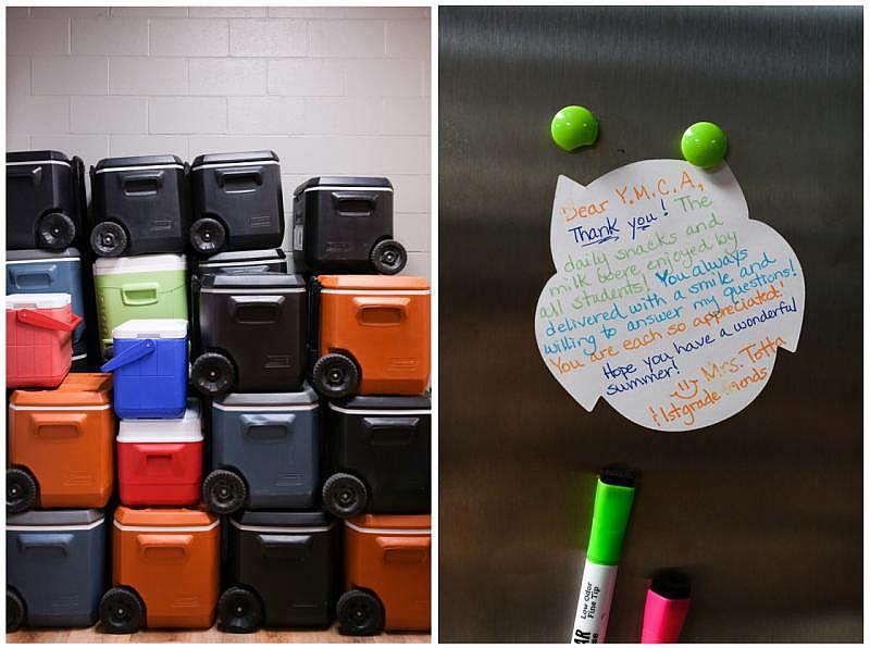 Coolers and a sign at the Adair County Family YMCA in Kirksville, Mo., this month. Arin Yoon for NBC News