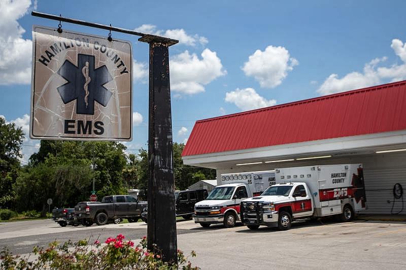 Two Hamilton County Emergency Medical Services ambulances sit parked outside the EMS building in Jasper, Florida on Wednesday, July 6, 2022. ALICIA DEVINE, USA TODAY NETWORK