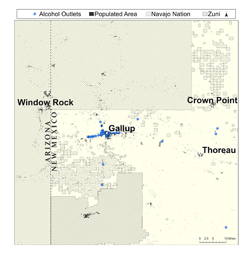 There are more businesses licensed to sell alcohol in Gallup than allowed by state law, and they draw patrons from the nearby Zuni Reservation and Navajo Nation, where alcohol sales are prohibited. Mapped by Christopher Girlamo, UNM Geography Dept.