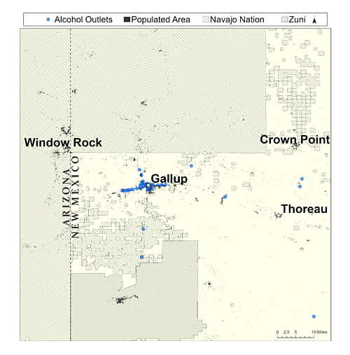 There are more businesses licensed to sell alcohol in Gallup than allowed by state law, and they draw patrons from the nearby Zuni Reservation and Navajo Nation, where alcohol sales are prohibited. Mapped by Christopher Girlamo, UNM Geography Dept. There are more businesses licensed to sell alcohol in Gallup than allowed by state law, and they draw patrons from the nearby Zuni Reservation and Navajo Nation, where alcohol sales are prohibited. Mapped by Christopher Girlamo, UNM Geography Dept.
