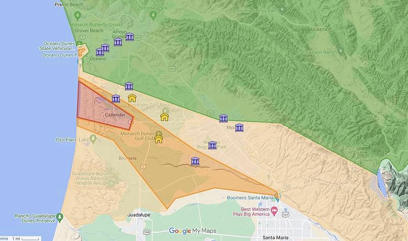 Courtesy: SLO County APCD/Google Maps / The SLO County APCD provides daily air quality forecasts. SLO County is partitioned into nine air quality forecast zones, and an air quality forecast for a six-day period is provided for each zone. This is a snapshot of areas monitored on the Nipomo Mesa.