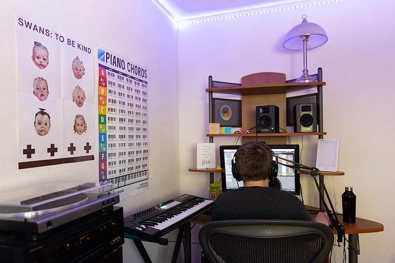 Brian works on a song in his music studio in his Palo Alto home on Aug. 22, 2022. Photo by Magali Gauthier.