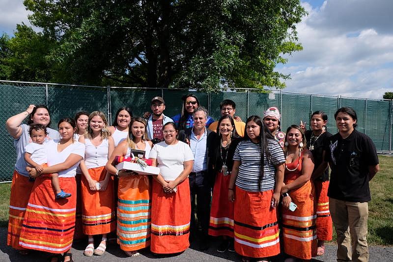 PICTURED: Janis and her Sicangu Youth Council peers pose with Secretary of the Interior Deb Haaland and actor and activist Mark Ruffalo at Carlisle last year. (Photo: Jenna Kunze)