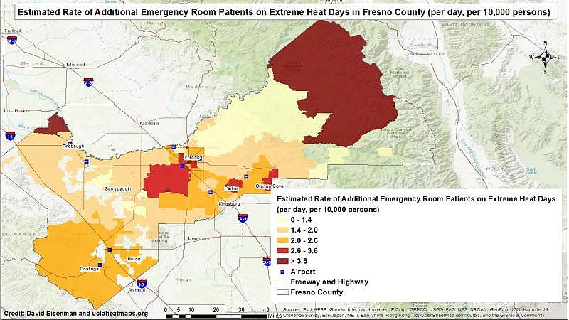 Northeastern areas in Fresno County and some of northwestern Fresno County on average had the highest rates of additional emergency room visits on extremely hot days in Fresno County between 2009-2018. Courtesy of Dr. David Eisenman.