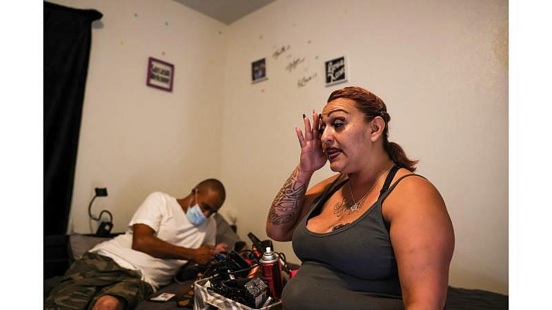 Angelique and Manuel Ortiz, pictured on Tuesday, August 2, 2022, are nervous they will be forced to leave their tiny home on Rue Ferrari in San Jose before they secure permanent housing. (Shae Hammond/Bay Area News Group) 