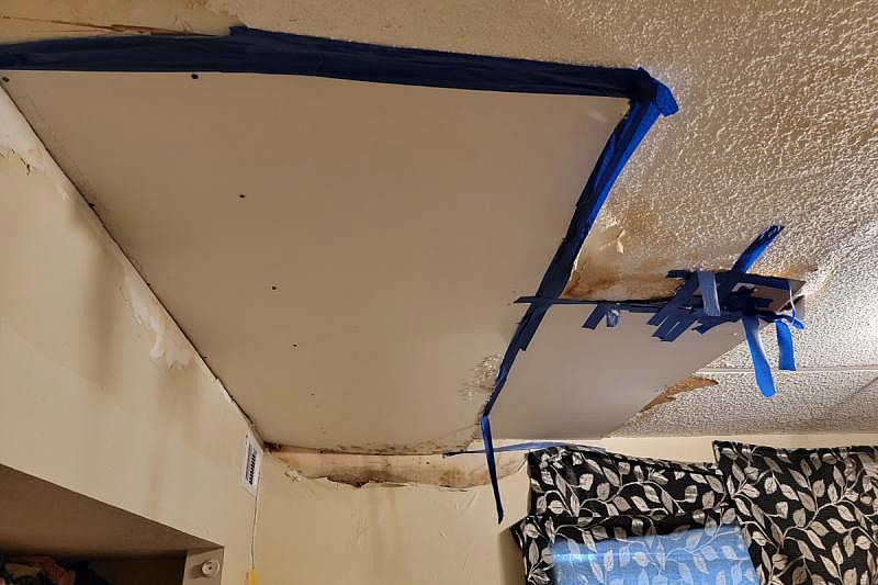 The ceiling of this unit in Building 2 of Sunset Village Apartment Complex appeared damaged upon observation on Oct. 16. Photo by Nick Judin The ceiling of this unit in Building 2 of Sunset Village Apartment Complex appeared damaged upon observation on Oct. 16. Photo by Nick Judin
