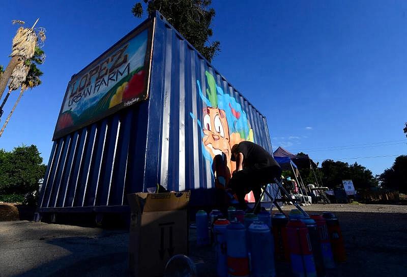 Pomona artist Joeded Walsh paints a mural on the side of the food pantry during the launch of the daily farmers market, Bodega Comunitaria, at the Lopez Urban Farm in Pomona on Wednesday, Aug. 17, 2022. (Photo by Will Lester, Inland Valley Daily Bulletin/SCNG)