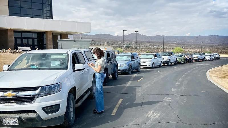 A line of more than 30 cars await a food distribution event to begin at Copper Mountain College in Joshua Tree on Aug. 2, 2022. For many in line, record high inflation and limited access to fresh produce has forced them to seek help. (Photo by Javier Rojas/Inland Valley Daily Bulletin/ SCNG) A line of more than 30 cars await a food distribution event to begin at Copper Mountain College in Joshua Tree on Aug. 2, 2022. For many in line, record high inflation and limited access to fresh produce has forced them to seek help. (Photo by Javier Rojas/Inland Valley Daily Bulletin/ SCNG)