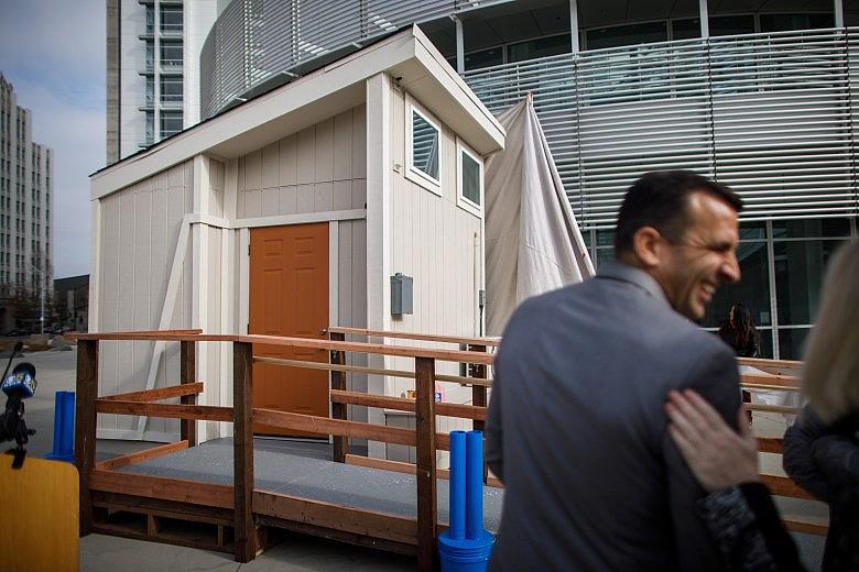 San Jose Mayor Sam Liccardo, a supporter of tiny homes, attends the unveiling of a prototype for a tiny home on Dec. 10, 2018, at San Jose City Hall. (Dai Sugano/Bay Area News Group) 