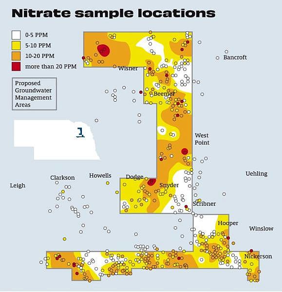 Lower Elkhorn Natural Resources District staff proposed a groundwater management area in 2020 after the median nitrate levels in 460 square miles of Cuming, Dodge and Colfax counties hit the district’s threshold for Phase 2 — at least 20% of the monitored wells have nitrate concentrations between 5 and 9 parts per million. The designation would have subjected the area to heightened regulations such as a ban on fall and winter application of nitrogen fertilizer. The NRD’s board declined to go to Phase 2, and instead voted to conduct more study. (Data: Lower Elkhorn NRD/Map: Hanscom Park Studio)
