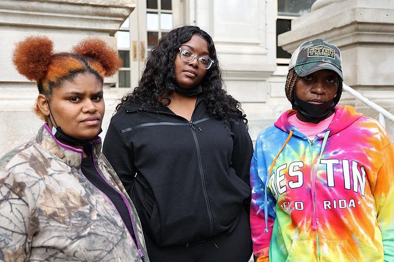 Kanesha Head, Jessica Griffin and Bratika Green are all mothers of young children. They fear that conditions at Sunset Village above and beyond gas utilities present a risk to the health and safety of their families. They are pictured hear outside the Greenwood, Miss., courthouse on Oct. 25, 2022. Photo by Nick Judin