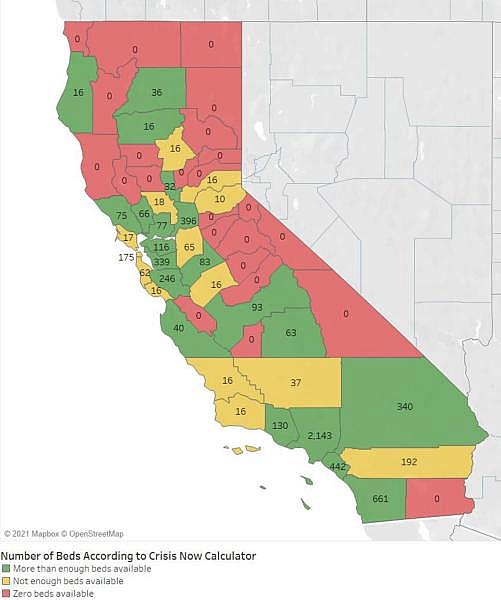 A California Department of Health Care Services report assessed each county's psychiatric inpatient treatment beds and determined whether they had enough for their population (designated in green), did not have enough for their population (designated in yellow) or had zero beds (in red). Santa Barbara County ranked sixth out of the state's 58 counties. (California Department of Health Care Services illustration )