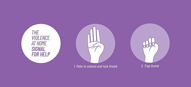 Domestic violence signal includes to hold your hand up with palm facing other person. Tuck thumb into palm and fold fingers down over thumb. Canadian Women's Foundation