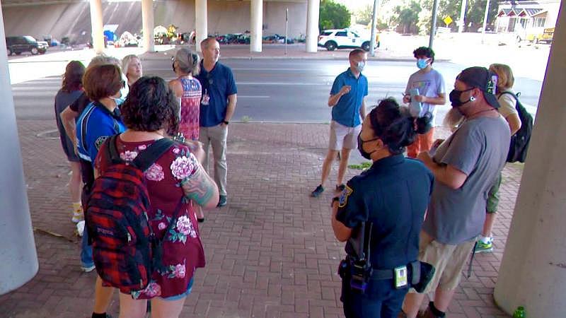 Case workers with the Downtown Austin Community Court join an outreach team working to connect people experiencing homelessness with stability services. (City of Austin Photo)